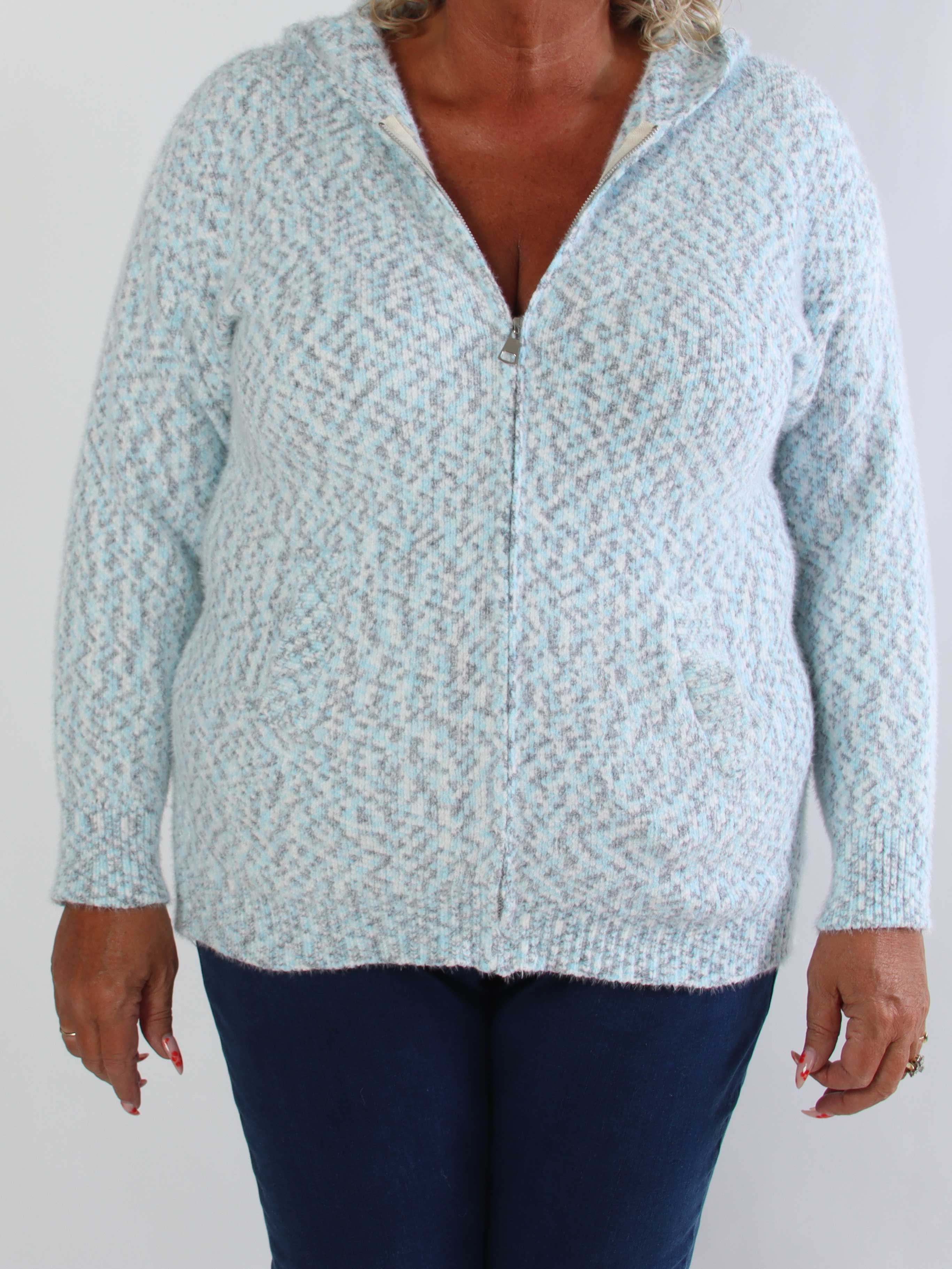 Maris - Blød plus size meleret striktrøje med hætte og praktisk lynlåslukning
